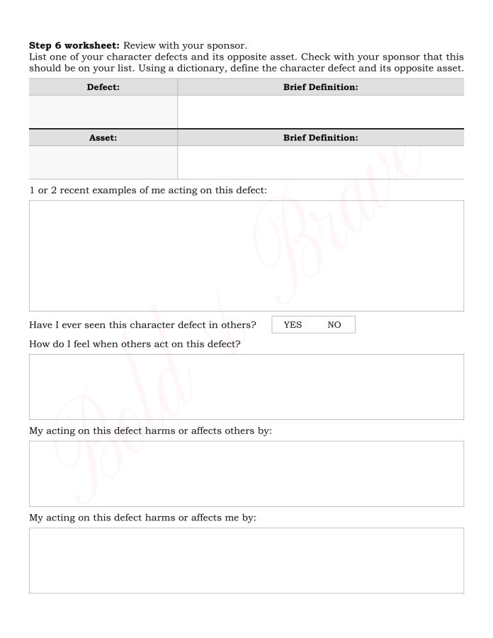 Free AA step 6 worksheet download pdf